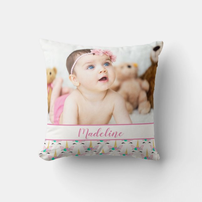 Custom Photo & Name/ Floral Smiling Unicorn Cushion (Front)