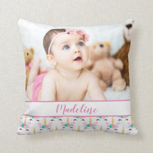 Custom Photo & Name/ Floral Smiling Unicorn Cushion