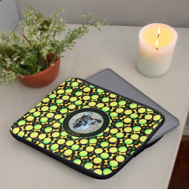 Custom Photo Name Fun Tennis Balls Dog Bones Laptop Sleeve (front overhead view custom photo tennis ball pattern)