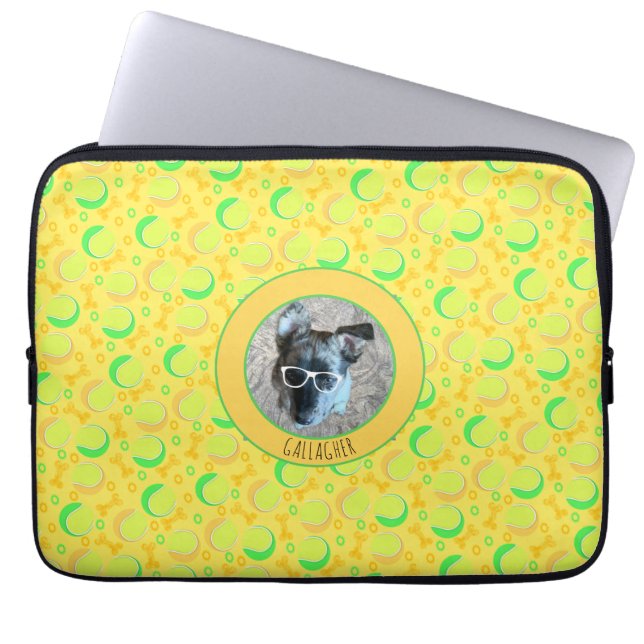 Custom Photo Name Fun Tennis Balls Dog Bones Laptop Sleeve (Front)