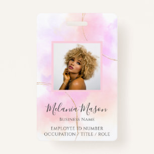 Custom Photo Name Gold Pink Watercolor Staff  ID Badge