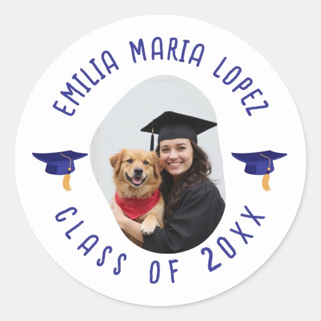 Custom Photo Name Graduation Cap Keepsake Classic Round Sticker (Front)
