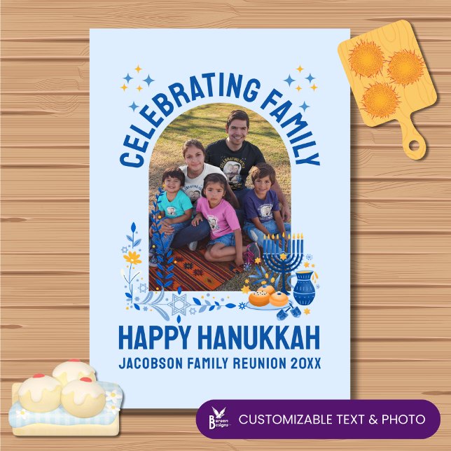 Custom Photo Name HANUKKAH FAMILY REUNION  Tea Towel (Souvenir kitchen towel CELEBRATING FAMILY at HANUKKAH. Ideal personalizable gift for family reunions)