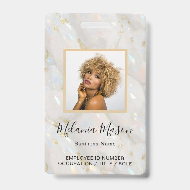 Custom Photo Name Holographic Faux Opal Stone ID Badge (Front)