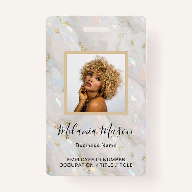 Custom Photo Name Holographic Faux Opal Stone ID Badge (Front)