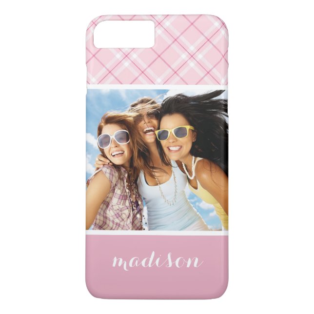 Custom Photo & Name Light Pink Plaid Case-Mate iPhone Case (Back)
