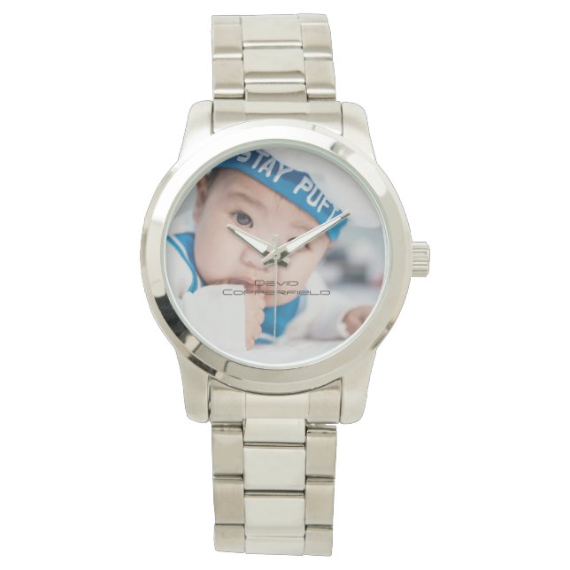 Custom Photo Name Men's Silver Watch (Front)
