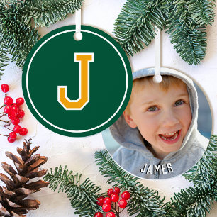 Custom Photo Name Monogram Green Gold Retro Metal Tree Decoration