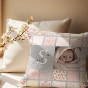 Custom Photo Name Monogram Pink Patchwork Cushion