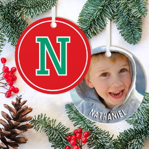 Custom Photo Name Monogram Red Green Retro Metal Tree Decoration