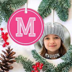 Custom Photo Name Monogrammed Pink Retro Metal Tree Decoration