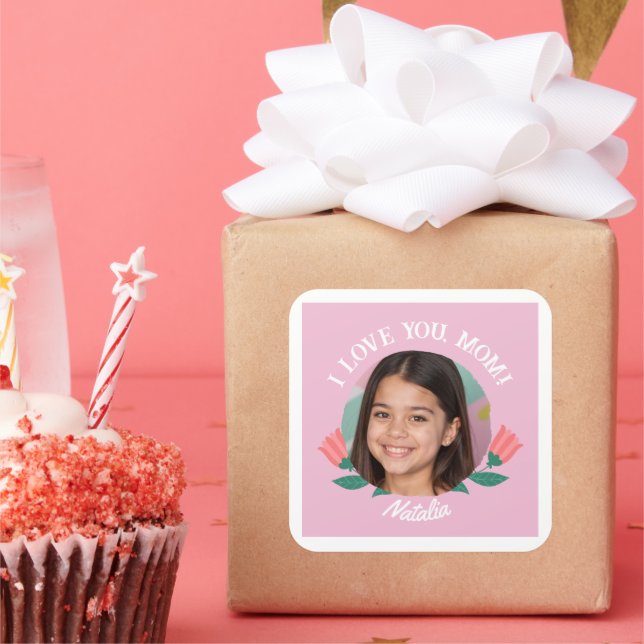 Custom Photo Name Mother's Day I Love You Gift Square Sticker (Party)