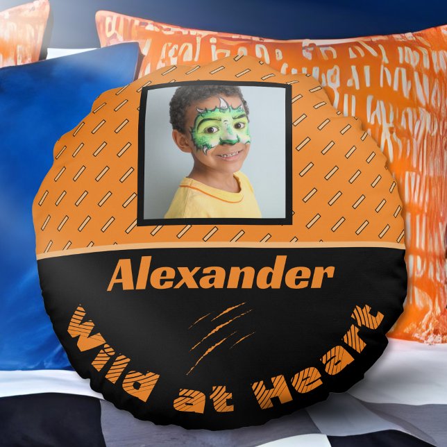 Custom Photo Name Orange Black Personalised Tiger  Round Cushion (Creator Uploaded)