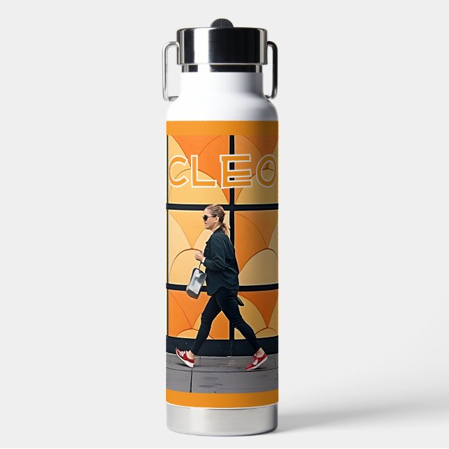 Custom Photo & Name Orange  Water Bottle (Front)