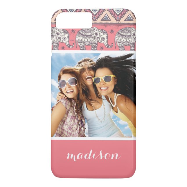 Custom Photo & Name Pink Ethnic Elephant Pattern Case-Mate iPhone Case (Back)