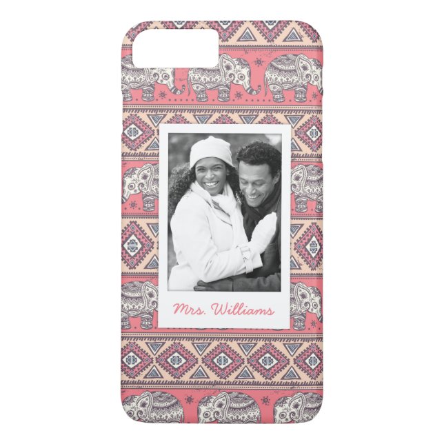 Custom Photo & Name Pink Ethnic Elephant Pattern Case-Mate iPhone Case (Back)