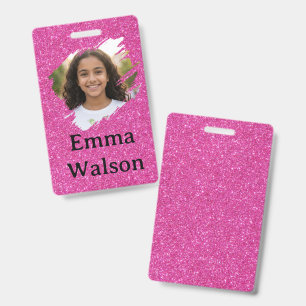 Custom Photo & Name Pink Glitter Sparkle Student I ID Badge