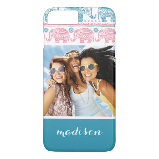 Custom Photo & Name Pink & Teal Elephant Pattern iPhone 8 Plus/7 Plus Case