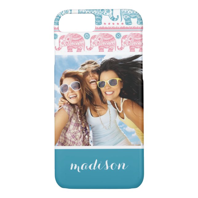 Custom Photo & Name Pink & Teal Elephant Pattern Case-Mate iPhone Case (Back)