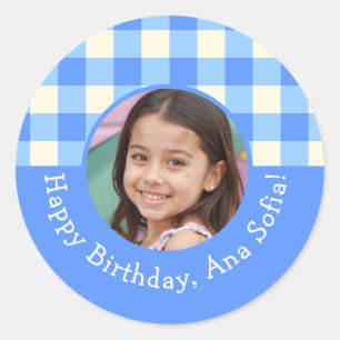 Custom Photo Name Plaid Gingham Birthday Party Classic Round Sticker