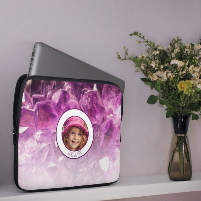 Custom Photo Name Purple Ombre Crystals Laptop Sleeve (laptop sleeve front with custom photo and template text on gem background)