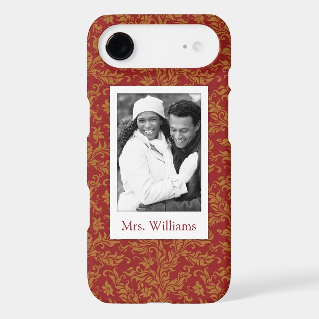 Custom Photo & Name Red and Gold Floral Pattern Case-Mate iPhone Case (Back)