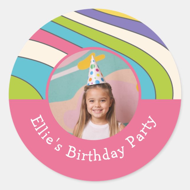 Custom Photo Name Retro Colourful Birthday Party Classic Round Sticker (Front)