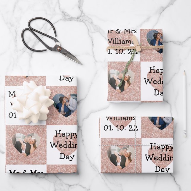 Custom Photo/Name Rose Gold Heart Pattern Wedding Wrapping Paper Sheet (Front)
