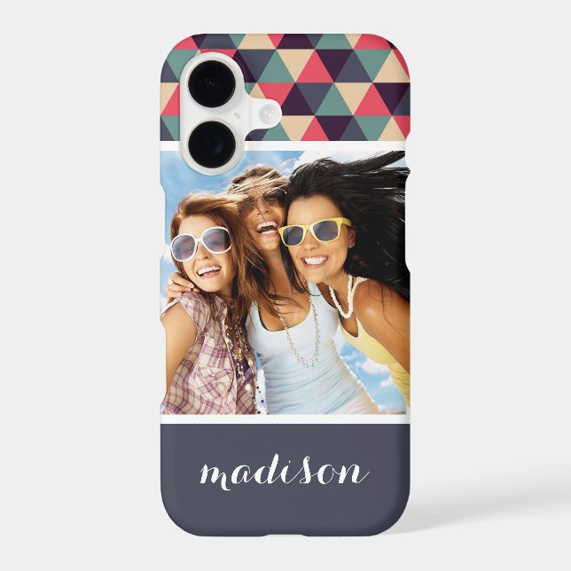 Custom Photo & Name Teal And Pink Triangle Pattern (Back)