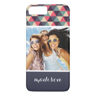 Custom Photo & Name Teal And Pink Triangle Pattern iPhone 8 Plus/7 Plus Case