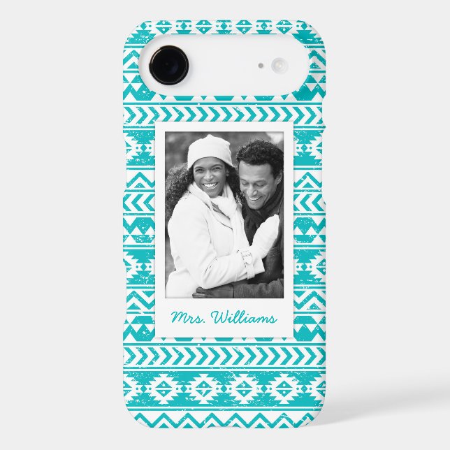 Custom Photo & Name Teal Aztec Tribal Pattern Case-Mate iPhone Case (Back)