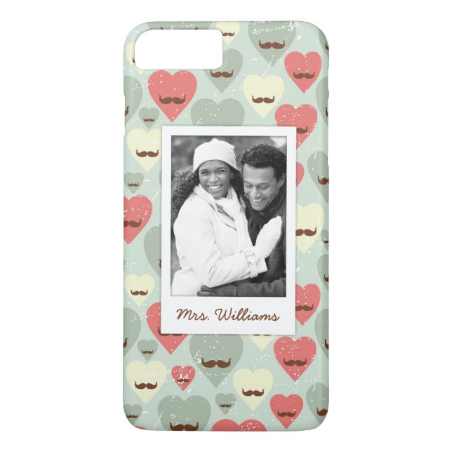 Custom Photo & Name Valentine heart and moustache Case-Mate iPhone Case (Back)
