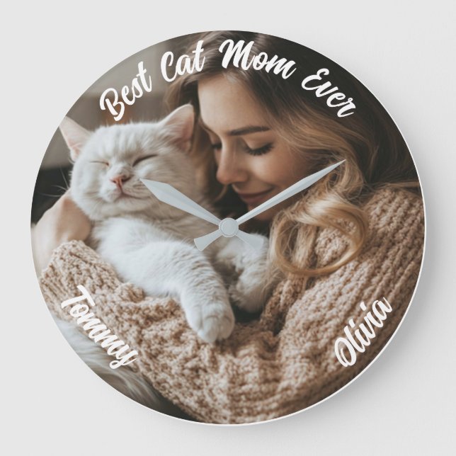 Custom Photo & Name Wall Clock – Gift for Cat Mum (Front)