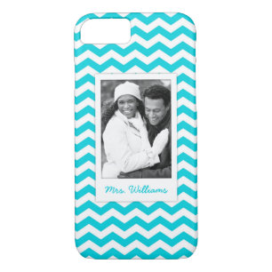 Custom Photo & Name White and Aqua Zig Zag Pattern iPhone 8/7 Case