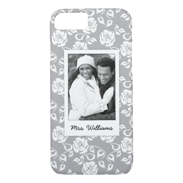 Custom Photo & Name White flowers on stripes Case-Mate iPhone Case (Back)