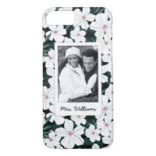 Custom Photo & Name White Tropical Flowers Pattern iPhone 8/7 Case