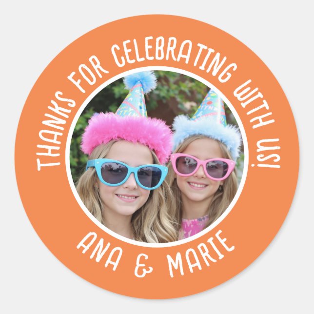 Custom Photo Names Double Birthday Thank You Favou Classic Round Sticker (Front)