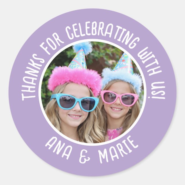 Custom Photo Names Double Birthday Thank You Favou Classic Round Sticker (Front)