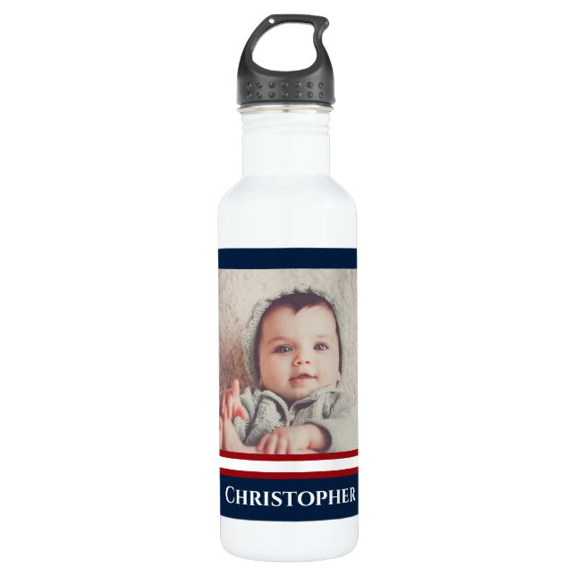 Custom Photo Nautical Marine Navy Blue Red White 710 Ml Water Bottle (Front)