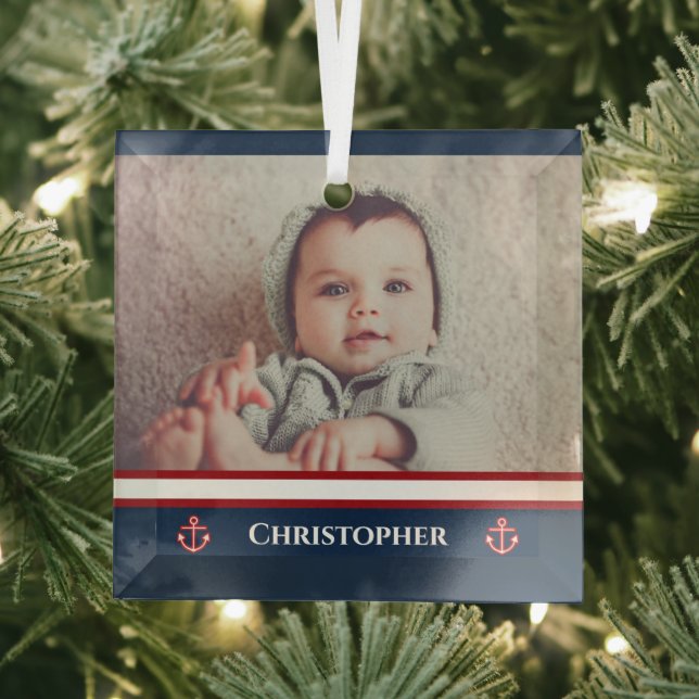 Custom Photo Nautical Marine Navy Blue Red White Glass Tree Decoration (Insitu)