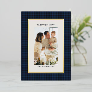 Custom Photo Navy Black Check Gold Christmas Happy Foil Holiday Card