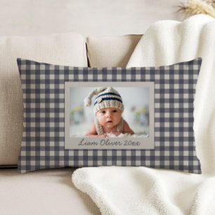 Custom Photo Navy Blue Beige Plaid Nursery Decorative Cushion