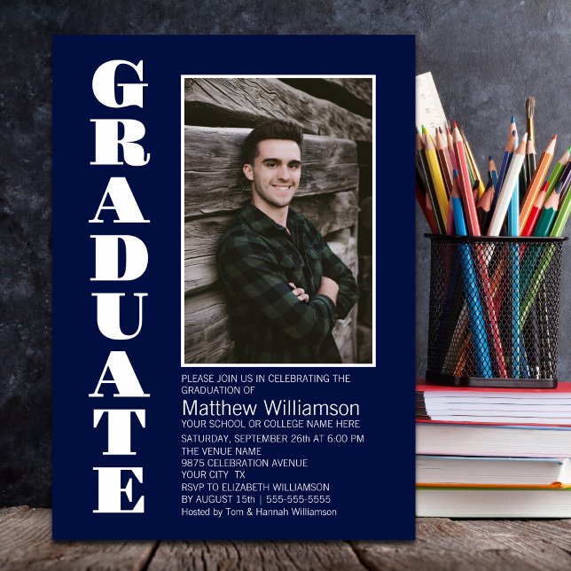 Custom Photo Navy Blue Graduation Party Invitation (Creator Uploaded)