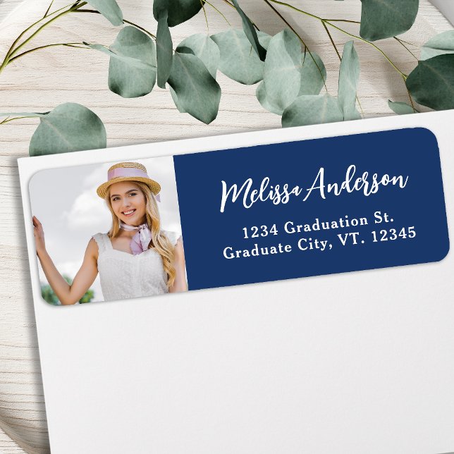 Custom Photo Navy Blue Graduation Return Address (Creator Uploaded)