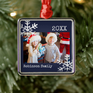 Custom Photo Navy Blue Ornament with Snowflakes