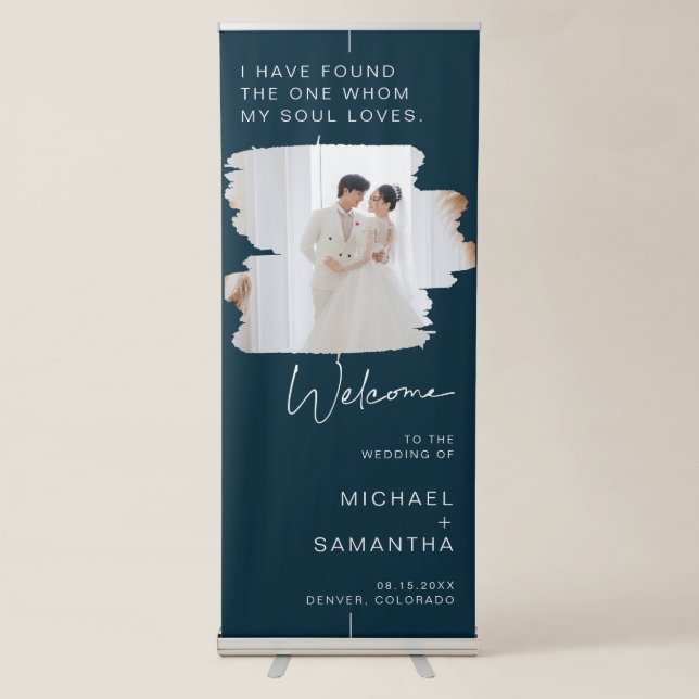 Custom Photo Navy Blue Wedding Welcome Retractable Banner (Front)