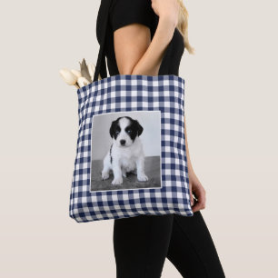 Custom Photo Navy Blue White Gingham Check Tote Bag