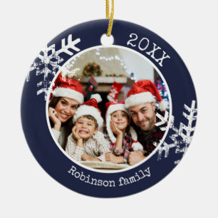Custom Photo navy Snowflake Circle Ornament