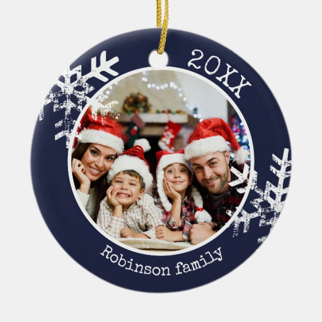 Custom Photo navy Snowflake Circle Ornament (Front)