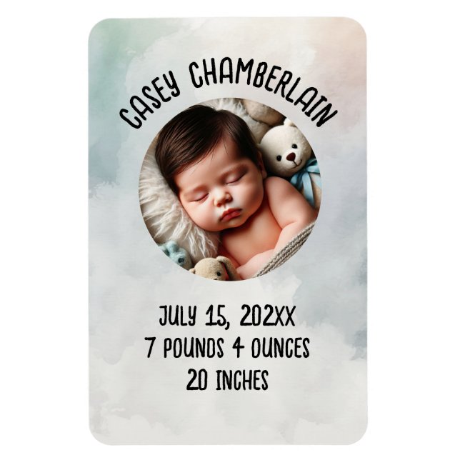 custom photo newborn baby announcement watercolor magnet (Vertical)